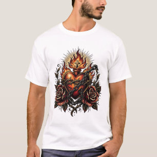 Dark Religious Heart Tattoo Art with Chains and Ro T-Shirt