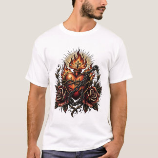 Dark Religious Heart Tattoo Art with Chains and Ro T-Shirt