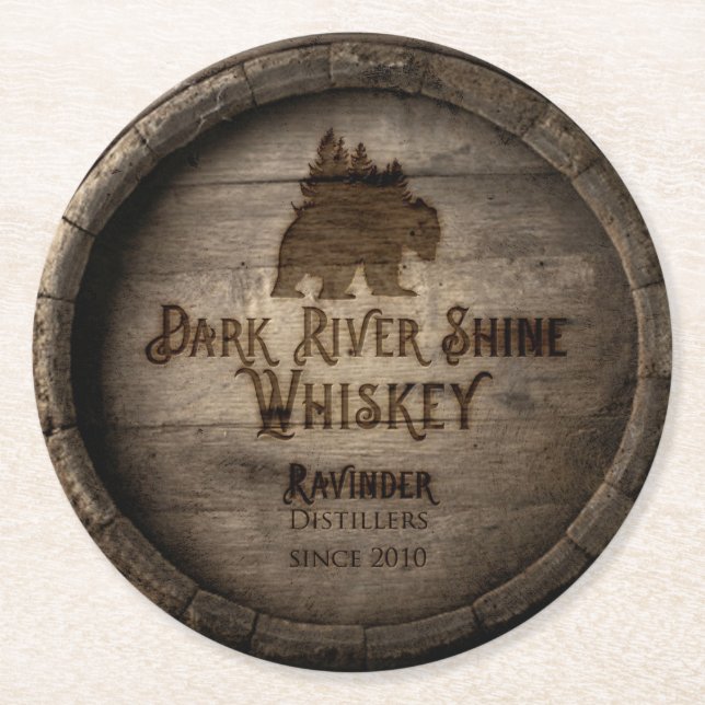 Dark River Shine Whiskey Barrel Coaster (Front)