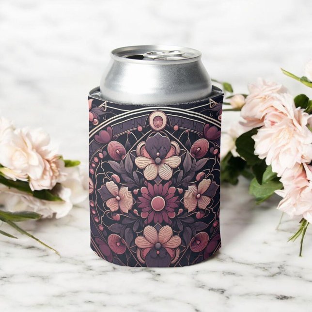 Dark Romance Burgundy Art Deco Floral Summer  Can Cooler (Creator Uploaded)