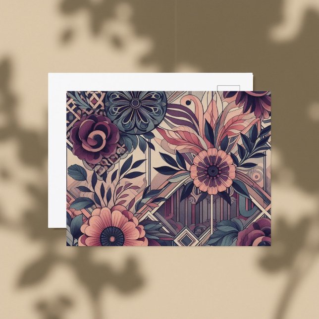 Dark Romance Burgundy Art Deco Floral Summer Postcard (Creator Uploaded)