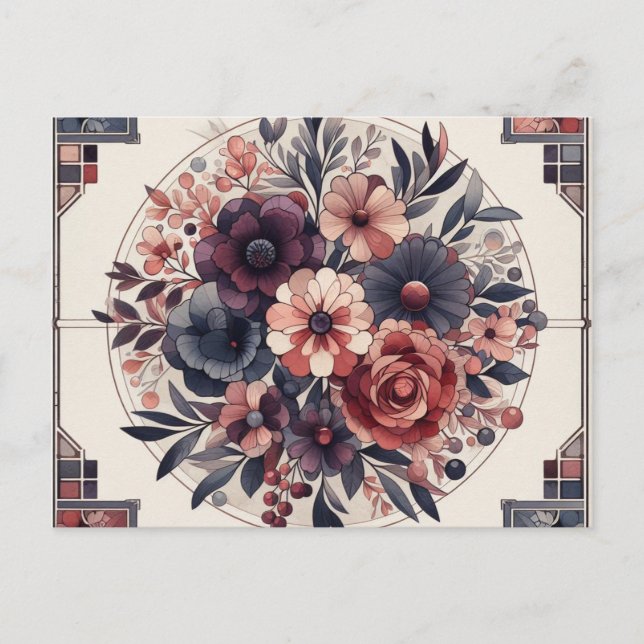 Dark Romance Burgundy Art Deco Floral Summer Postcard (Front)