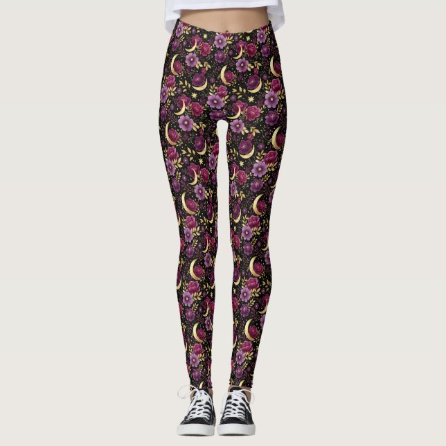 Dark Romance Celestial Moon Purple Gold Leggings (Front)