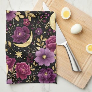 Dark Romance Celestial Moon Purple Gold Tea Towel