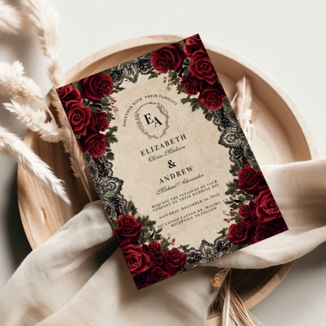 Dark Romance Crimson Floral Wedding Invitation (Creator Uploaded)