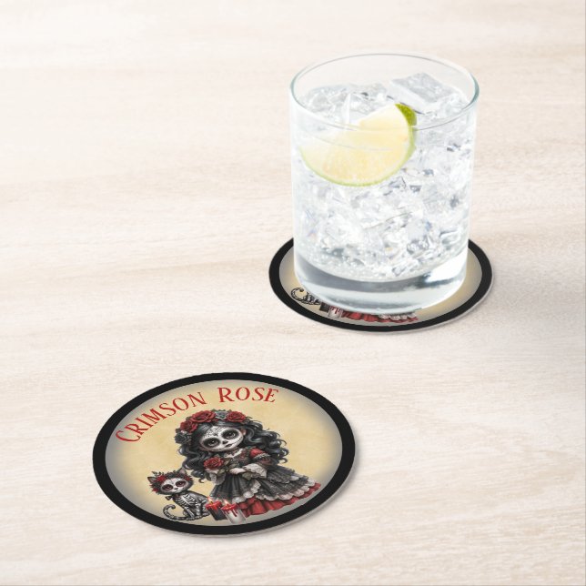 Dark Romance_ Crimson Rose Round Paper Coaster (Insitu)