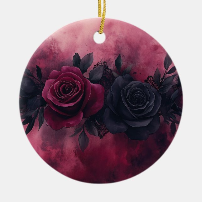 Dark Romance: Gothic Rose and Lace Design Ceramic Tree Decoration (Front)