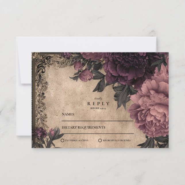 Dark Romance Plum Peony Wedding RSVP Card (Front)