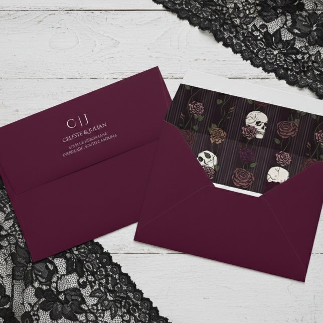 Dark Romance Skull and Rose Return Address Envelope (Elegant Burgundy Gothic Floral Skull and Roses Envelopes for Hallowedding, Halloween Wedding for Her)