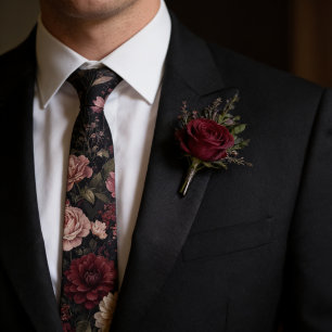 Dark Romantic Burgundy & Dusty Rose Black Floral  Tie
