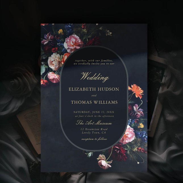 Dark Romantic Fairytale Moody Floral Frame Wedding Invitation (dark romantic wedding invitation fairytale romance black navy dutch masters floral frame painting)