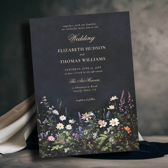 Dark Romantic Fairytale Moody Wildflowers Wedding Invitation (moody dark romantic wedding invitation midnight garden wild flowers black white purple formal casual)