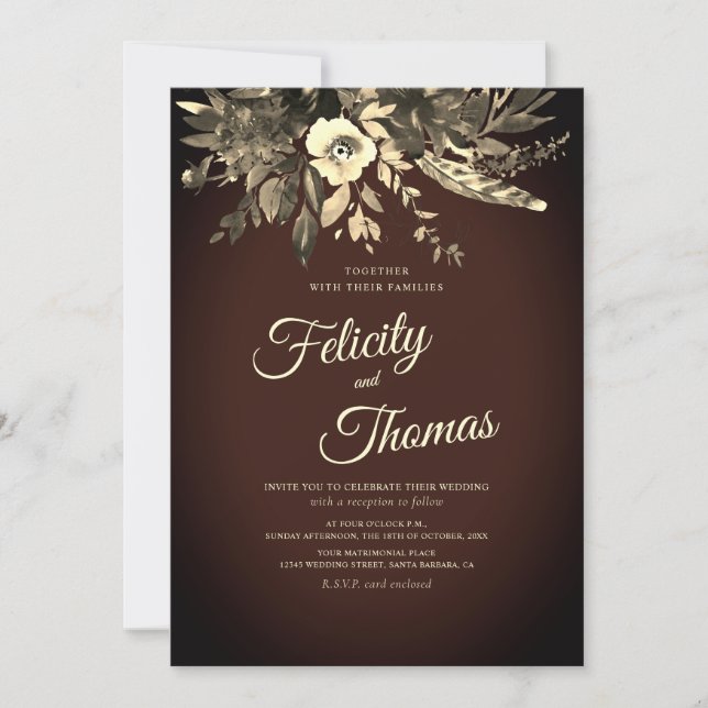 Dark Romantic Fall Floral Aged Brown Wedding Invitation (Front)