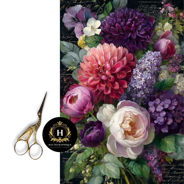 Dark Romantic Floral Bouquet Decoupage Tissue Paper (Give a Wooden Stool an Overgrown Garden Look)