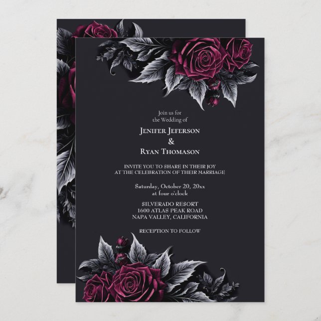 Dark Romantic Floral Gothic wedding invitation (Front/Back)