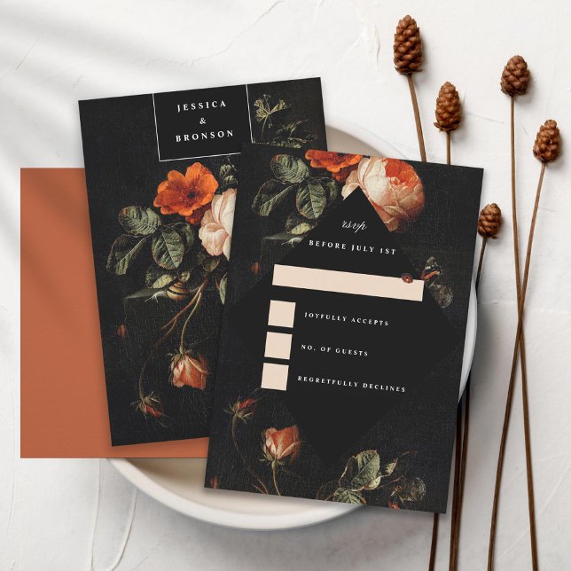 Dark Romantic Floral Roses Dutch Master RSVP Invitation (Creator Uploaded)