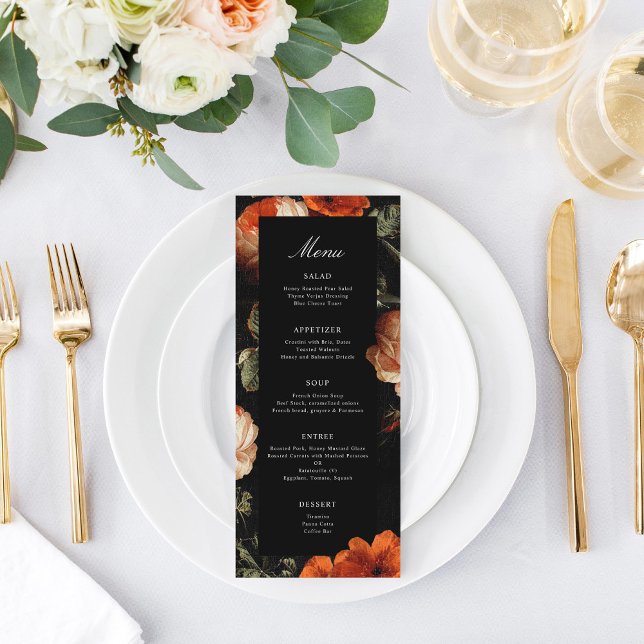 Dark Romantic Floral Roses Dutch Master Wedding Menu (Creator Uploaded)