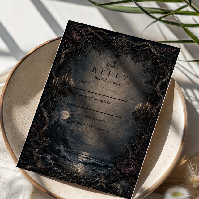Dark Romantic Goth Beach Wedding RSVP Card (Creator Uploaded)