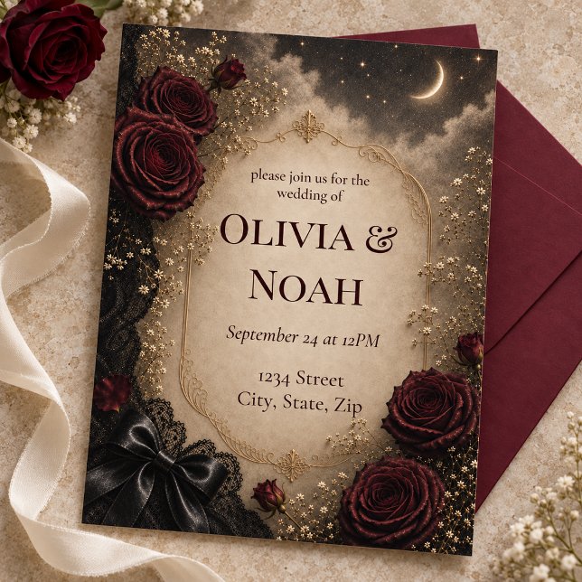 Dark Romantic Gothic Rose & Moon Wedding Invitation (Elegant gothic wedding invitation featuring deep burgundy roses, antique parchment.)
