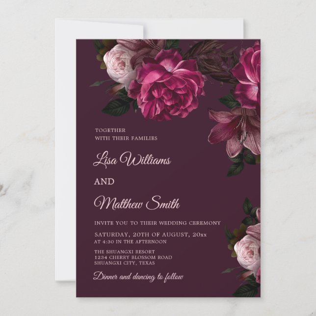 Dark Romantic Hand Drawn Roses Wedding Invitation (Front)