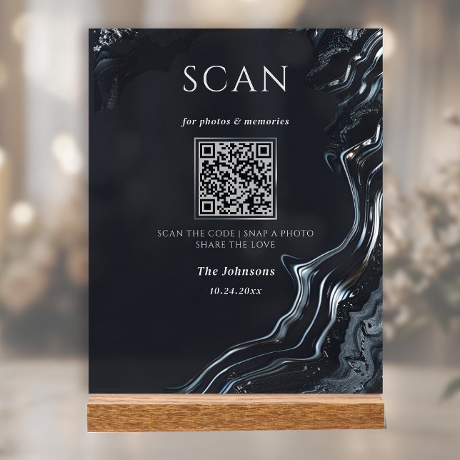 Dark Romantic Liquid Silver Wedding QR  Acrylic Sign (Creator Uploaded)