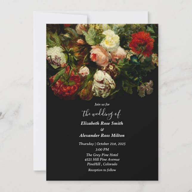 Dark romantic moody elegant floral flowers wedding invitation (Front)