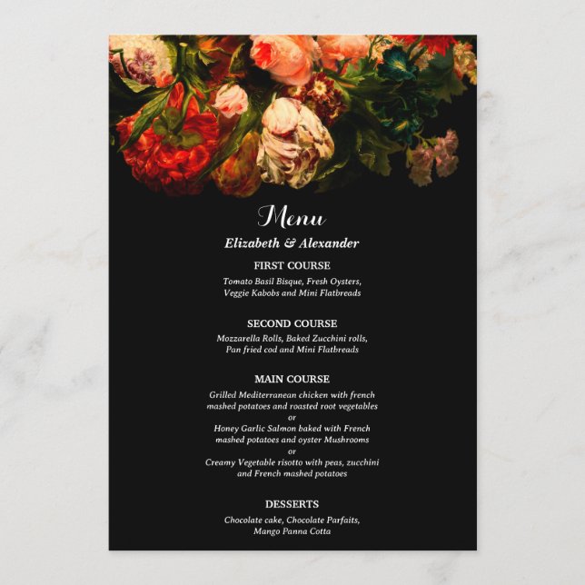 Dark romantic moody elegant floral wedding menu (Front)