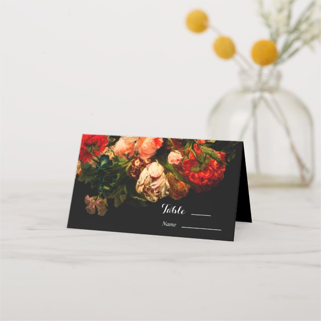 Dark romantic moody elegant floral wedding place card (Front)