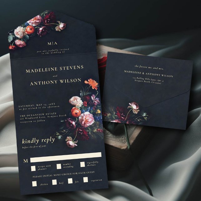 Dark Romantic Moody Floral Black Fairytale Wedding All In One Invitation (dark moody romantic wedding invitation fairytale romance trifold seal and send all in one gothic)