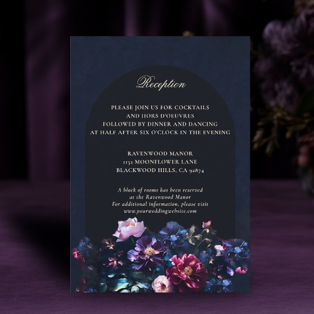 Dark Romantic Moody Floral Black Wedding Details Enclosure Card (dark moody wedding details card purple black jewel tones dutch painting romantic gothic)
