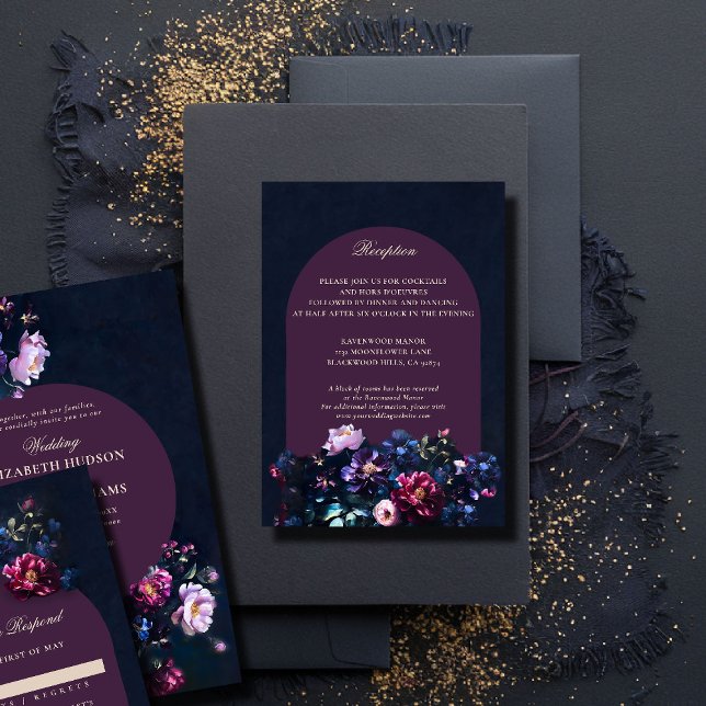 Dark Romantic Moody Floral Mauve Wedding Details Enclosure Card (dark romantic wedding reception details jewel moody floral painting modern classic elegant formal)