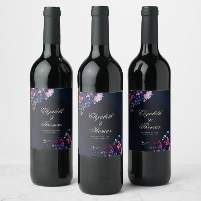 Dark Romantic Moody Florals Gothic Black Wedding Wine Label (Bottles)