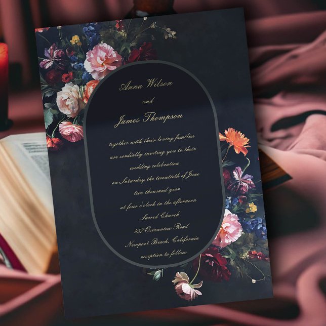 Dark Romantic Moody Frame Calligraphy Wedding Invitation (dark romantic wedding invitation fairytale romance black navy dutch masters floral calligraphy)
