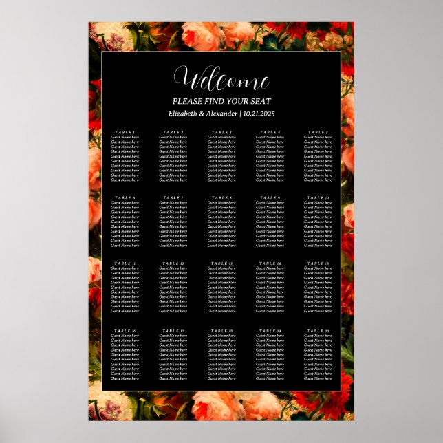 Dark romantic moody pretty wedding seating chart (Front)