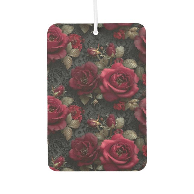 Dark Romantic Red Roses and Buds on Black Lace Car Air Freshener (Front)