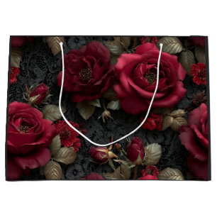 Dark Romantic Red Roses and Buds on Black Lace Large Gift Bag