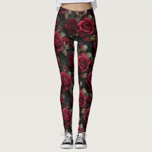 Dark Romantic Red Roses and Buds on Black Lace Leggings