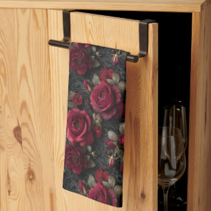 Dark Romantic Red Roses and Buds on Black Lace Tea Towel