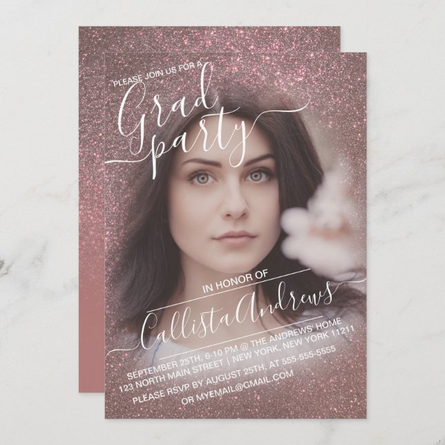 Dark Rose Gold Glitter Ombre Photo Graduation Invitation (Front/Back)