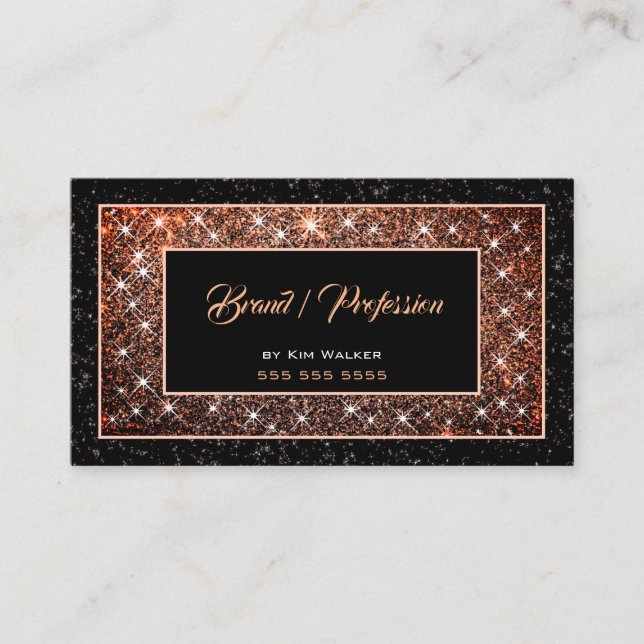 Dark Rose Gold Glitter Social Media Black Glam Business Card (Front)