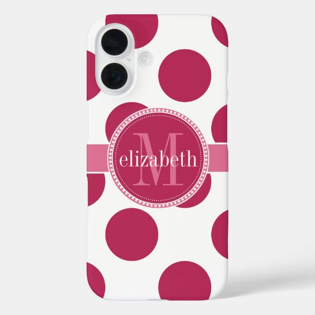 Dark Rose Pink White Big Polka Dots Monogram Case-Mate iPhone Case (Back)