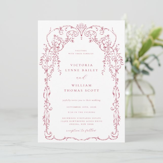 Dark Rose Victorian Frame Wedding Invitation (Standing Front)