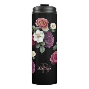 Dark Roses Black Background Name Monogram   Thermal Tumbler