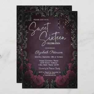 Dark Roses Frame Burgundy Glitter Drips Sweet 16  Invitation