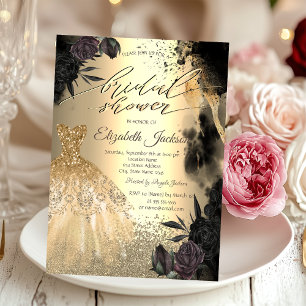 Dark Roses Gold Diamonds Dress Bridal Shower Invitation