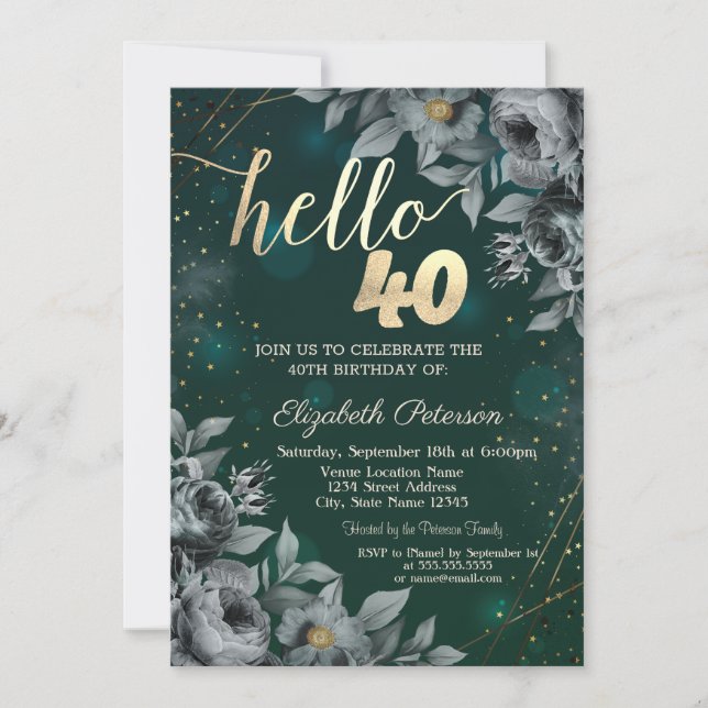 Dark Roses Green 40th Birthday Invitation (Front)