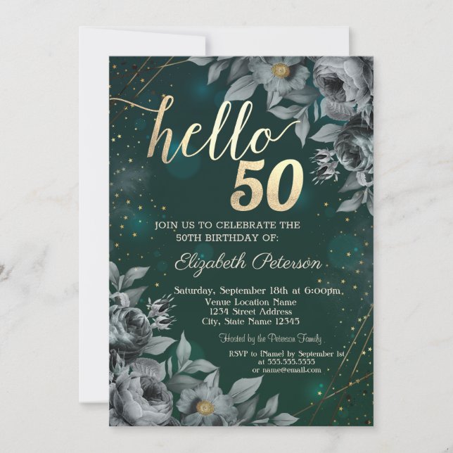 Dark Roses Green 50th Birthday Invitation (Front)