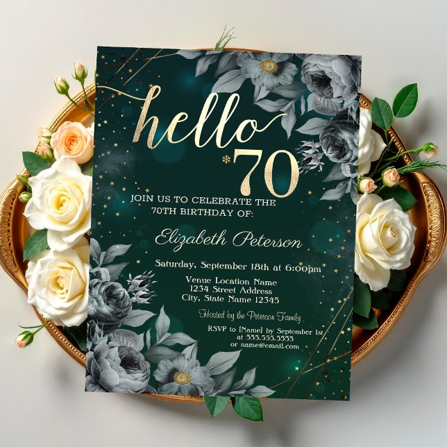 Dark Roses Green 70th Birthday Invitation (Creator Uploaded)