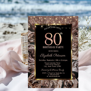 Dark Roses,String Lights Glitter 80th Birthday  Invitation
