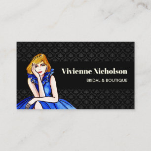 Dark Royal Blue Cocktail Gown Fashion Black Damask Business Card